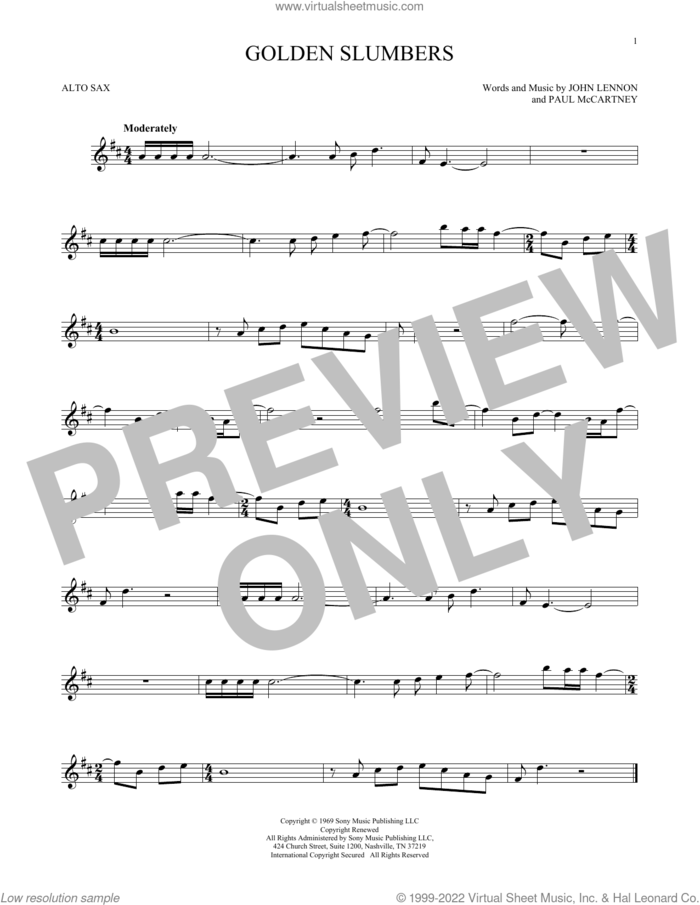 Golden Slumbers sheet music for alto saxophone solo by The Beatles, John Lennon and Paul McCartney, intermediate skill level