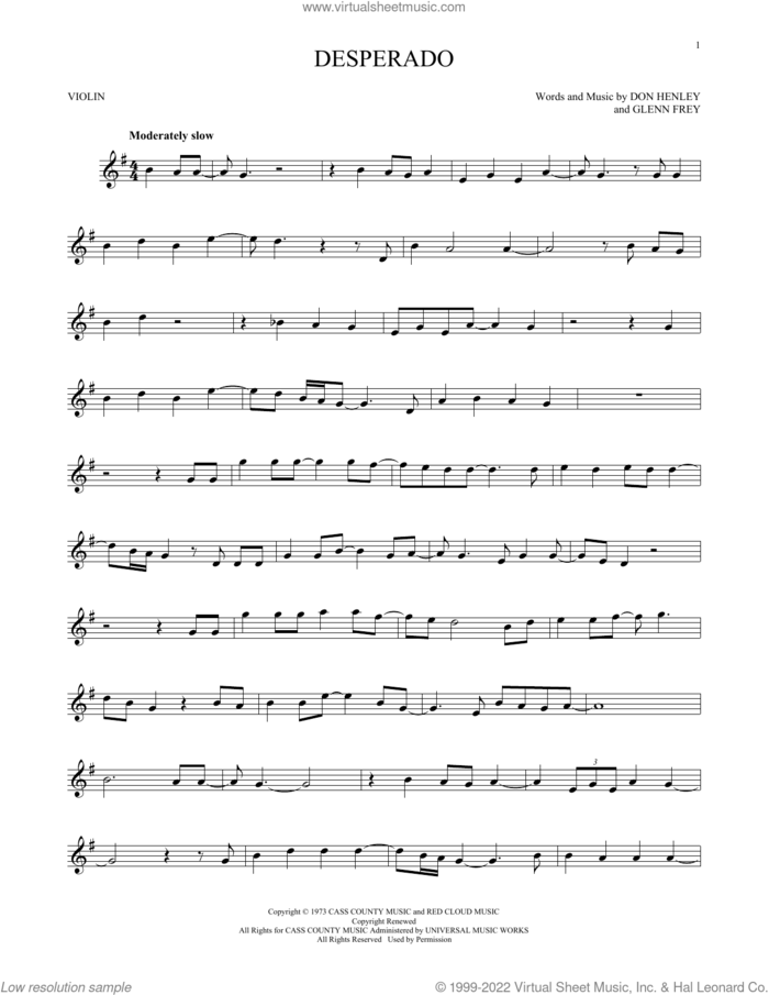 Desperado sheet music for violin solo by Don Henley, The Eagles and Glenn Frey, intermediate skill level