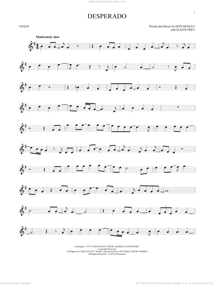 Desperado sheet music for violin solo by Don Henley, The Eagles and Glenn Frey, intermediate skill level