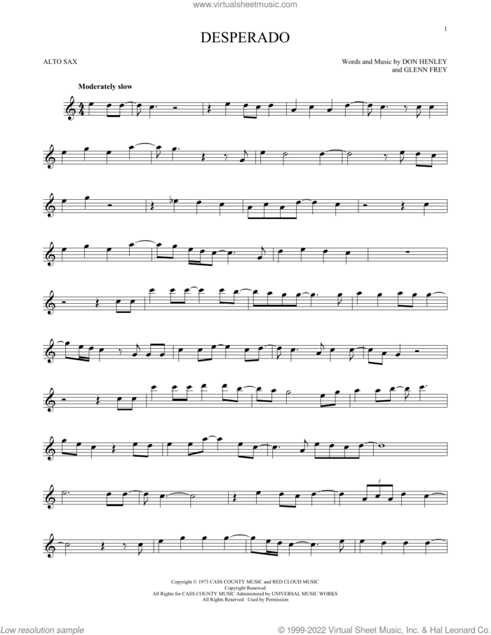 Desperado sheet music for alto saxophone solo by Don Henley, The Eagles and Glenn Frey, intermediate skill level