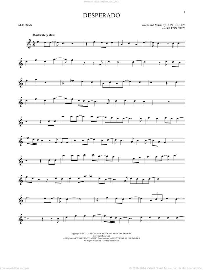 Desperado sheet music for alto saxophone solo by Don Henley, The Eagles and Glenn Frey, intermediate skill level