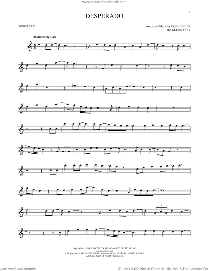 Desperado sheet music for tenor saxophone solo by Don Henley, The Eagles and Glenn Frey, intermediate skill level