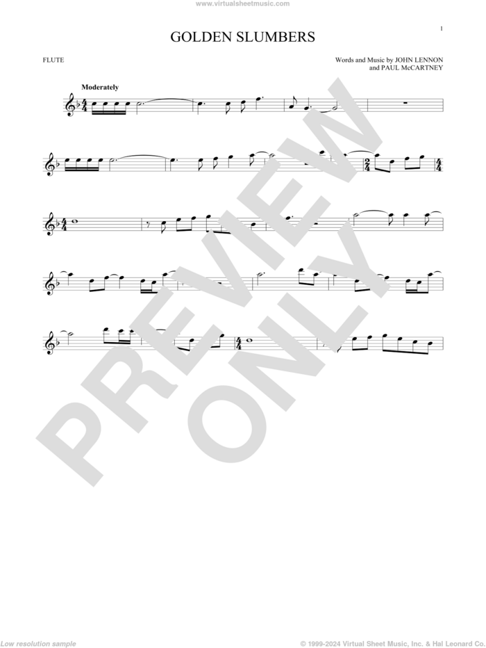 Golden Slumbers sheet music for flute solo by The Beatles, John Lennon and Paul McCartney, intermediate skill level