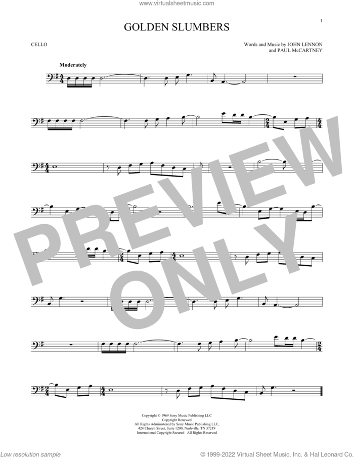 Golden Slumbers sheet music for cello solo by The Beatles, John Lennon and Paul McCartney, intermediate skill level