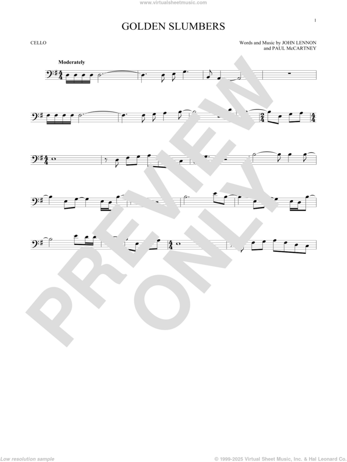 Golden Slumbers sheet music for cello solo by The Beatles, John Lennon and Paul McCartney, intermediate skill level