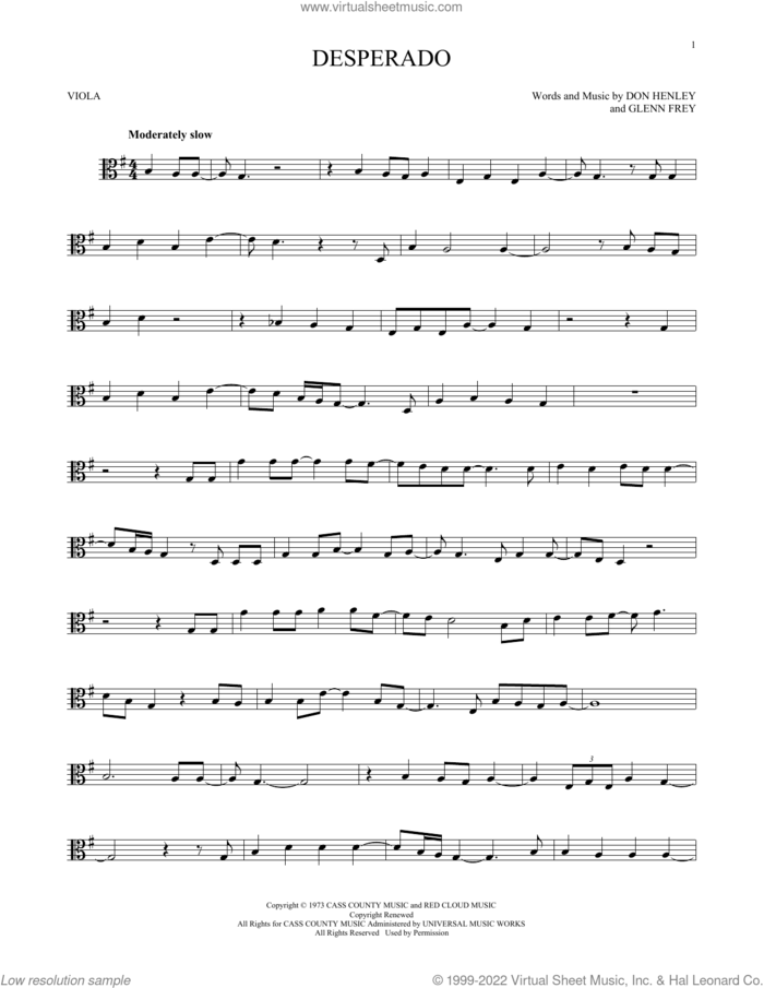 Desperado sheet music for viola solo by Don Henley, The Eagles and Glenn Frey, intermediate skill level