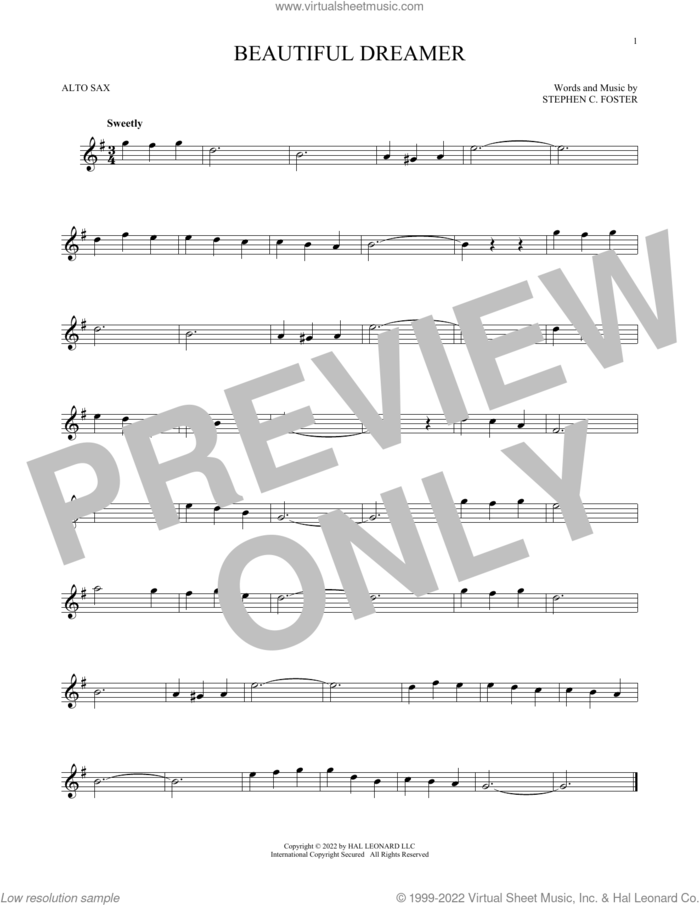 Beautiful Dreamer sheet music for alto saxophone solo by Stephen Foster, intermediate skill level