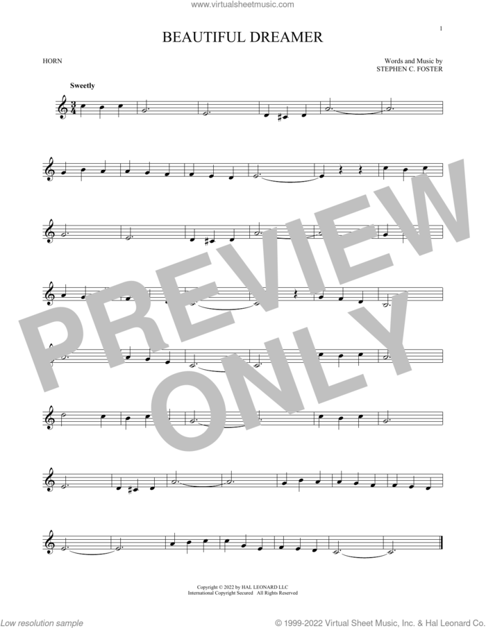 Beautiful Dreamer sheet music for horn solo by Stephen Foster, intermediate skill level