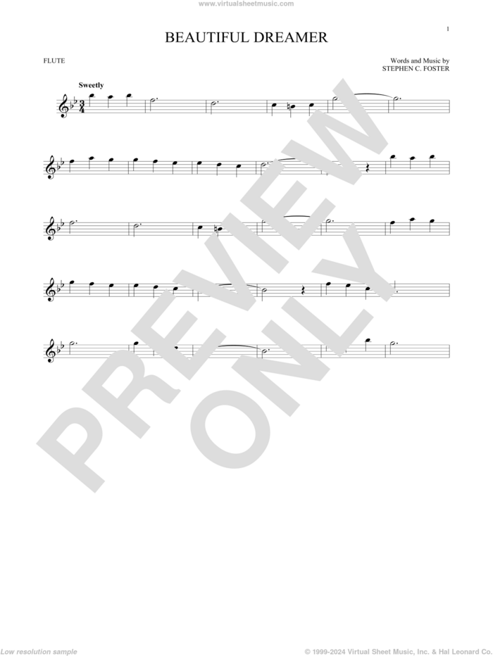 Beautiful Dreamer sheet music for flute solo by Stephen Foster, intermediate skill level