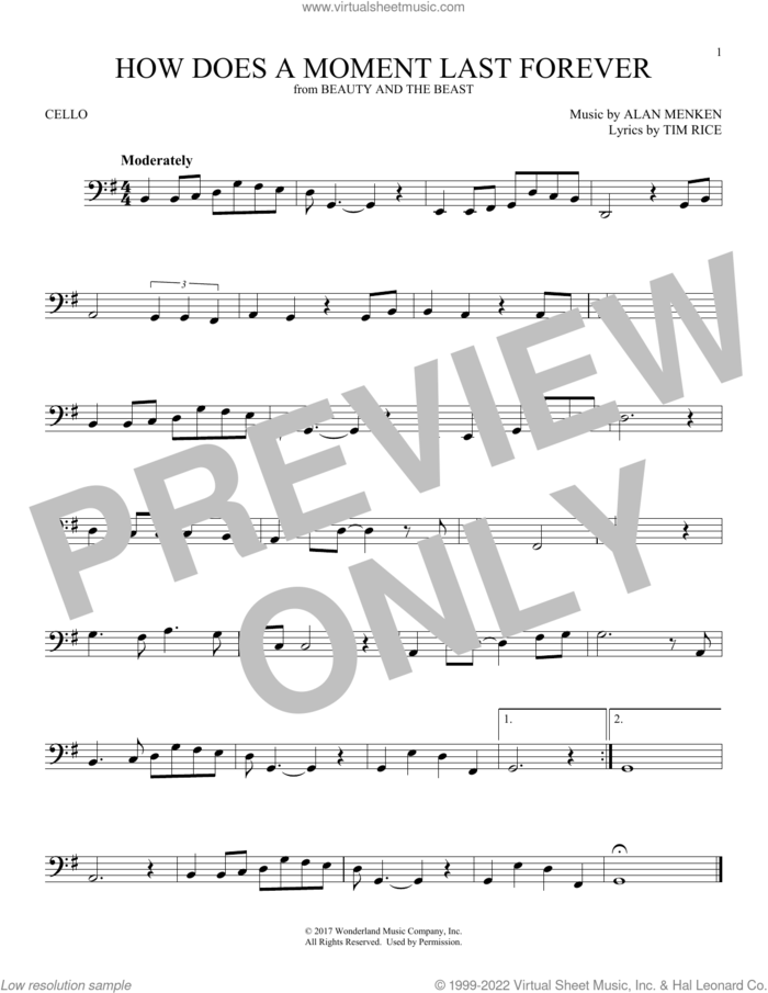 How Does A Moment Last Forever (from Beauty and the Beast) sheet music for cello solo by Celine Dion, Alan Menken and Tim Rice, intermediate skill level