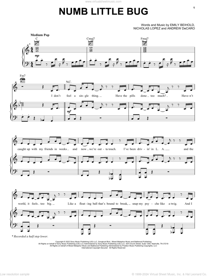 Numb Little Bug sheet music for voice, piano or guitar by Em Beihold, Andrew De Caro, Emily Beihold and Nicholas Lopez, intermediate skill level