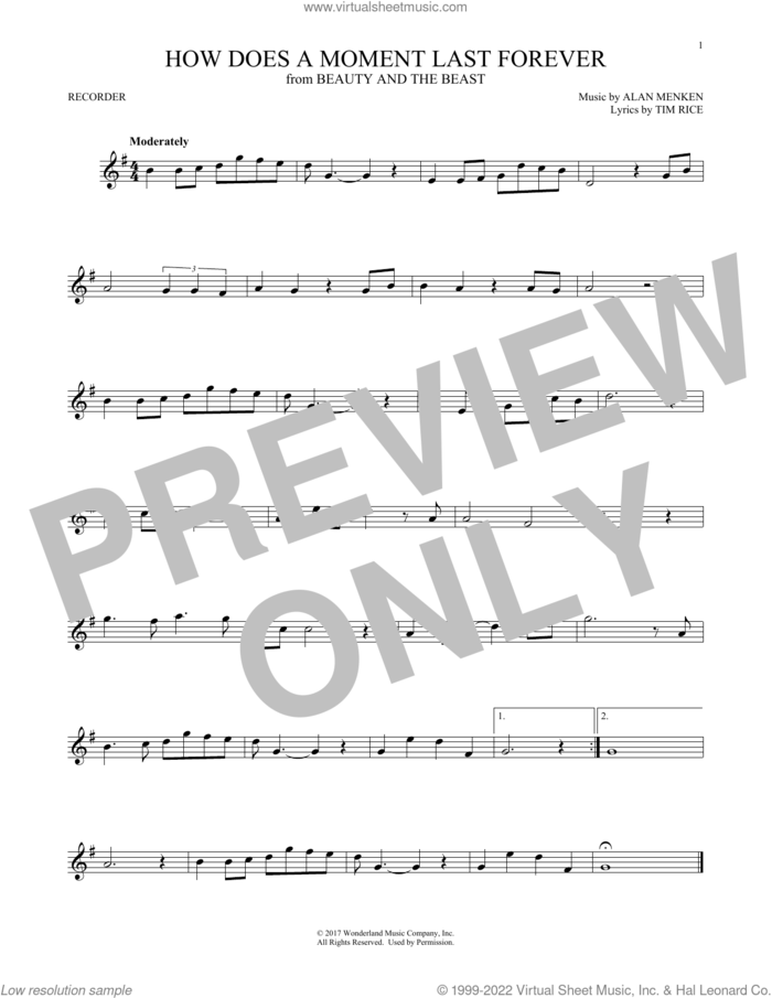 How Does A Moment Last Forever (from Beauty and the Beast) sheet music for recorder solo by Celine Dion, Alan Menken and Tim Rice, intermediate skill level