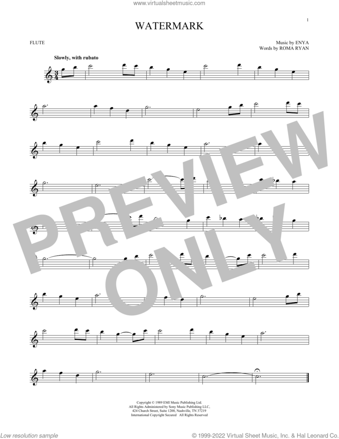 Watermark sheet music for flute solo by Enya and Roma Ryan, intermediate skill level