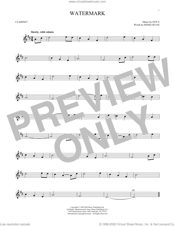 Watermark sheet music for clarinet solo by Enya and Roma Ryan, intermediate skill level