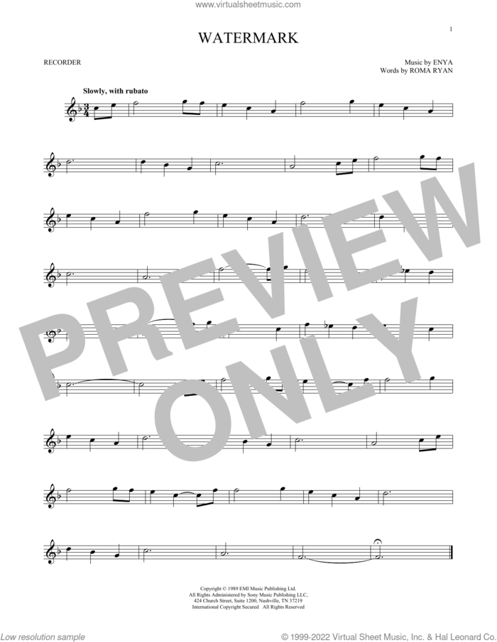 Watermark sheet music for recorder solo by Enya and Roma Ryan, intermediate skill level