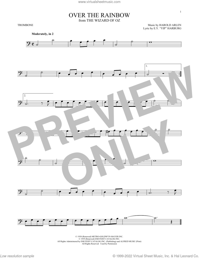 Over The Rainbow (from The Wizard Of Oz) sheet music for trombone solo by Judy Garland, E.Y. Harburg and Harold Arlen, intermediate skill level