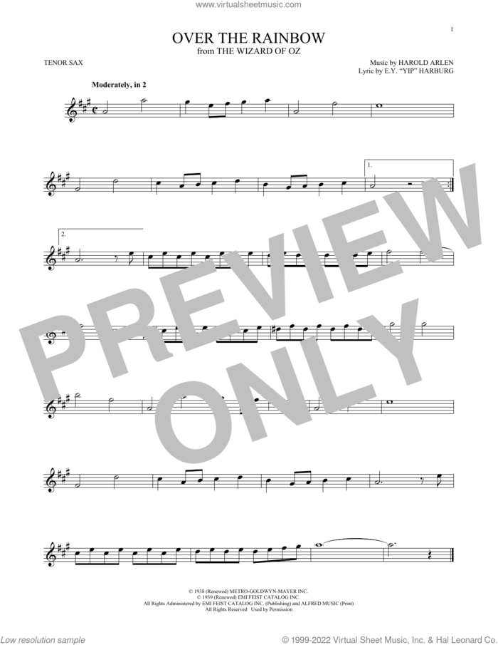 Over The Rainbow (from The Wizard Of Oz) sheet music for tenor saxophone solo by Judy Garland, E.Y. Harburg and Harold Arlen, intermediate skill level
