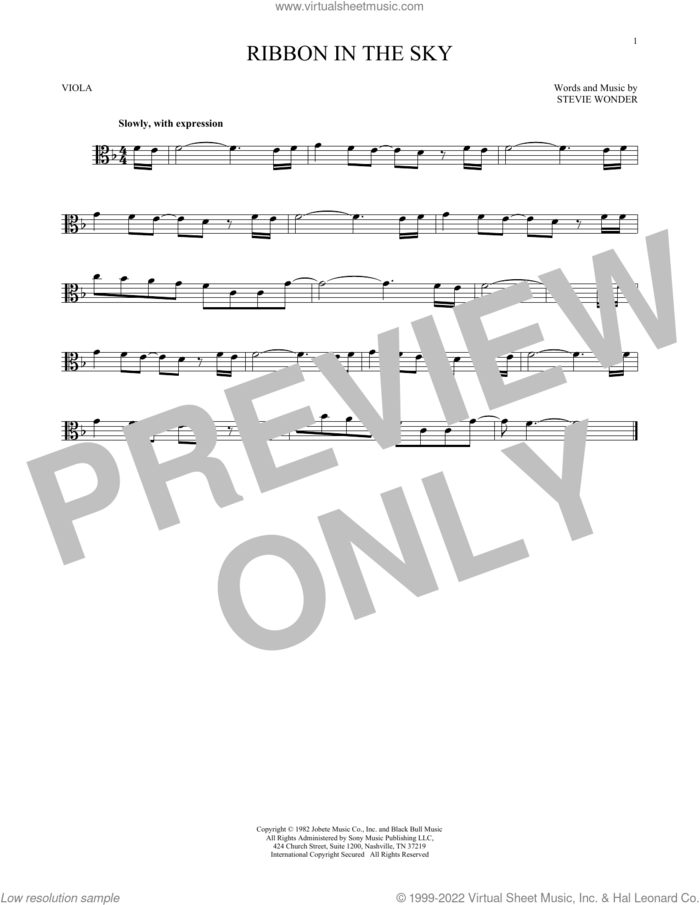Ribbon In The Sky sheet music for viola solo by Stevie Wonder, intermediate skill level