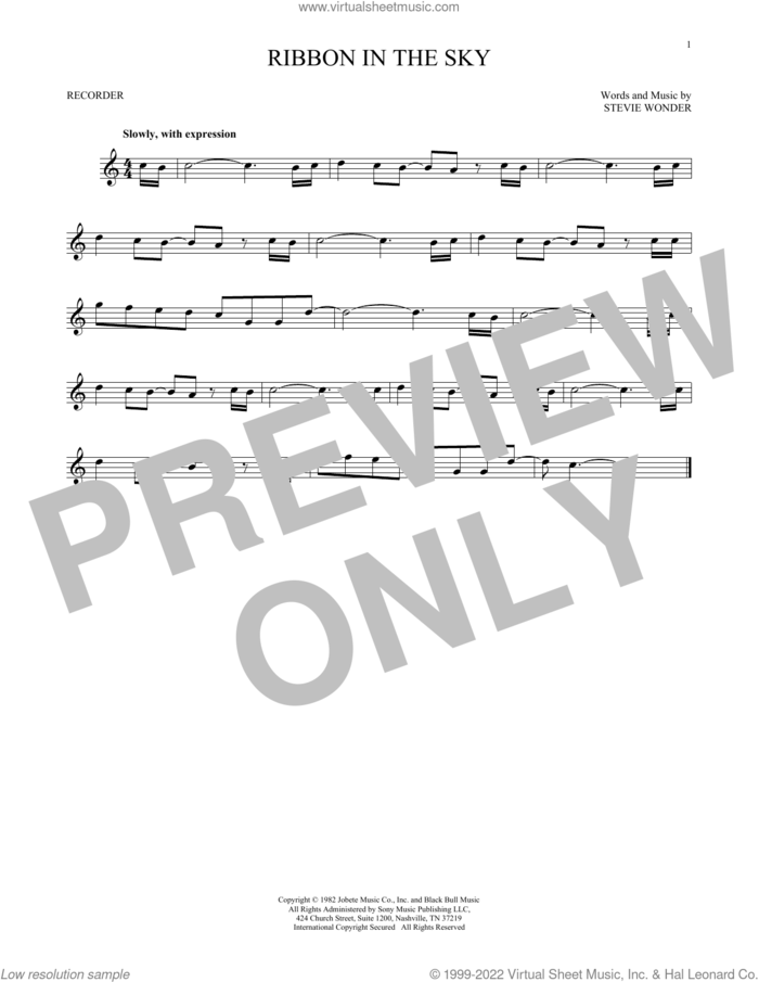 Ribbon In The Sky sheet music for recorder solo by Stevie Wonder, intermediate skill level