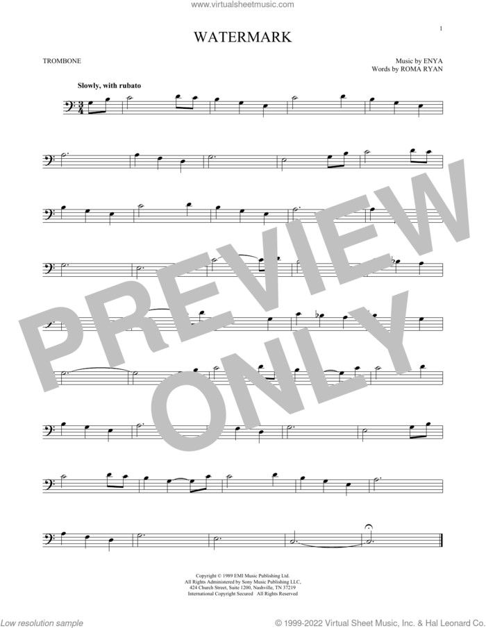 Watermark sheet music for trombone solo by Enya and Roma Ryan, intermediate skill level
