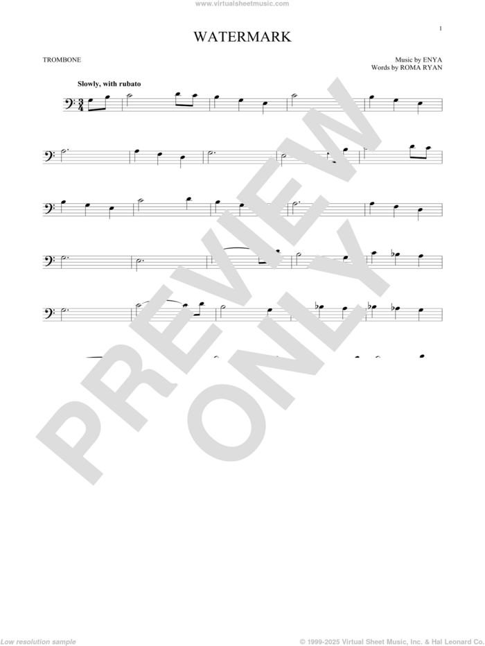 Watermark sheet music for trombone solo by Enya and Roma Ryan, intermediate skill level