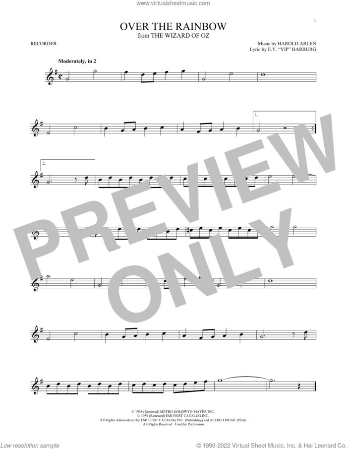Over The Rainbow (from The Wizard Of Oz) sheet music for recorder solo by Judy Garland, E.Y. Harburg and Harold Arlen, intermediate skill level