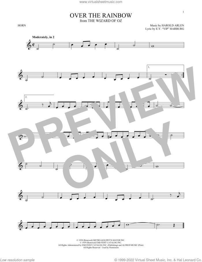 Over The Rainbow (from The Wizard Of Oz) sheet music for horn solo by Judy Garland, E.Y. Harburg and Harold Arlen, intermediate skill level