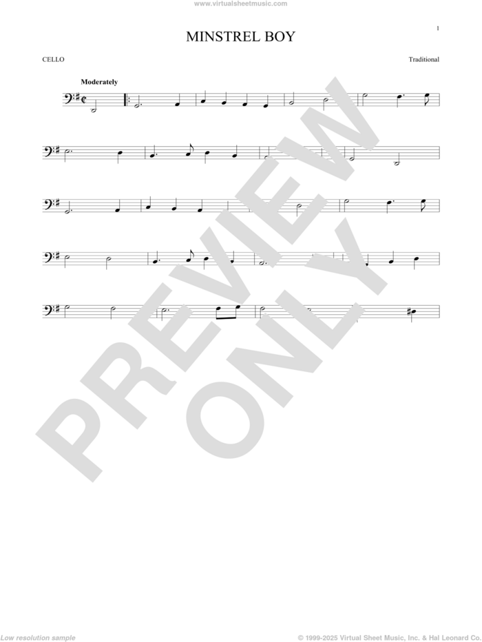 Minstrel Boy sheet music for cello solo, intermediate skill level