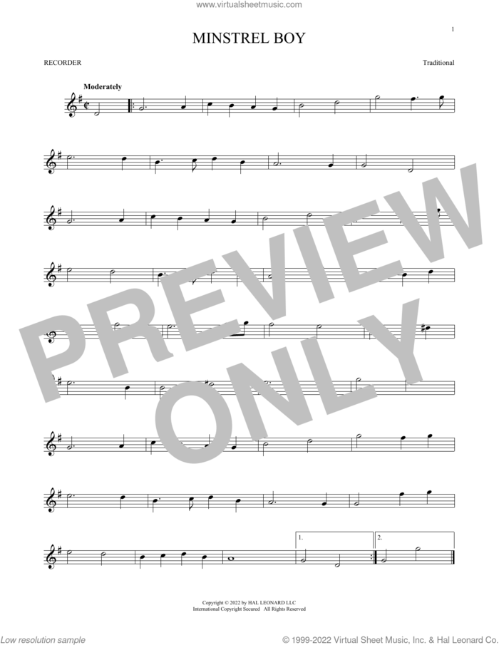 Minstrel Boy sheet music for recorder solo, intermediate skill level