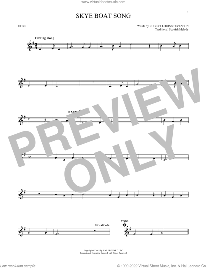 Skye Boat Song sheet music for horn solo by Robert Louis Stevenson and Miscellaneous, intermediate skill level