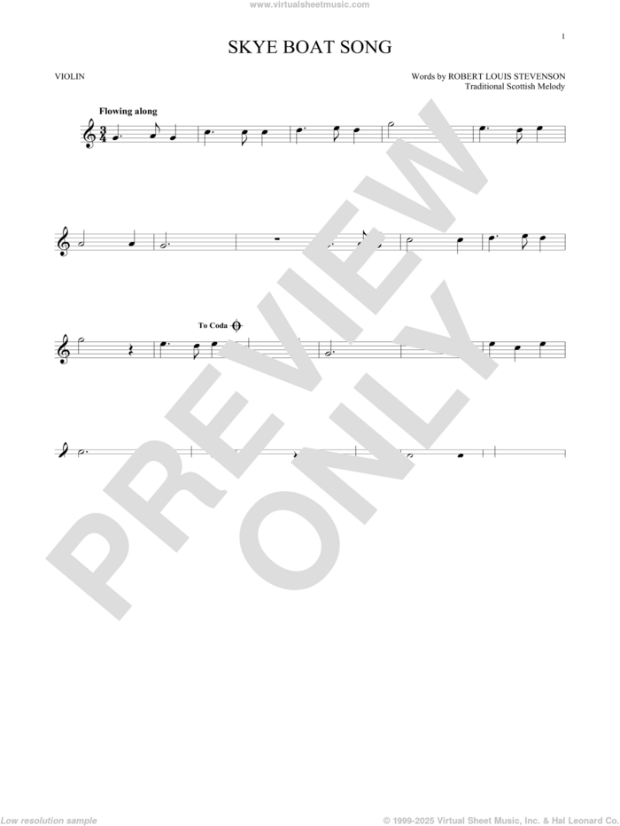 Skye Boat Song sheet music for violin solo by Robert Louis Stevenson and Miscellaneous, intermediate skill level