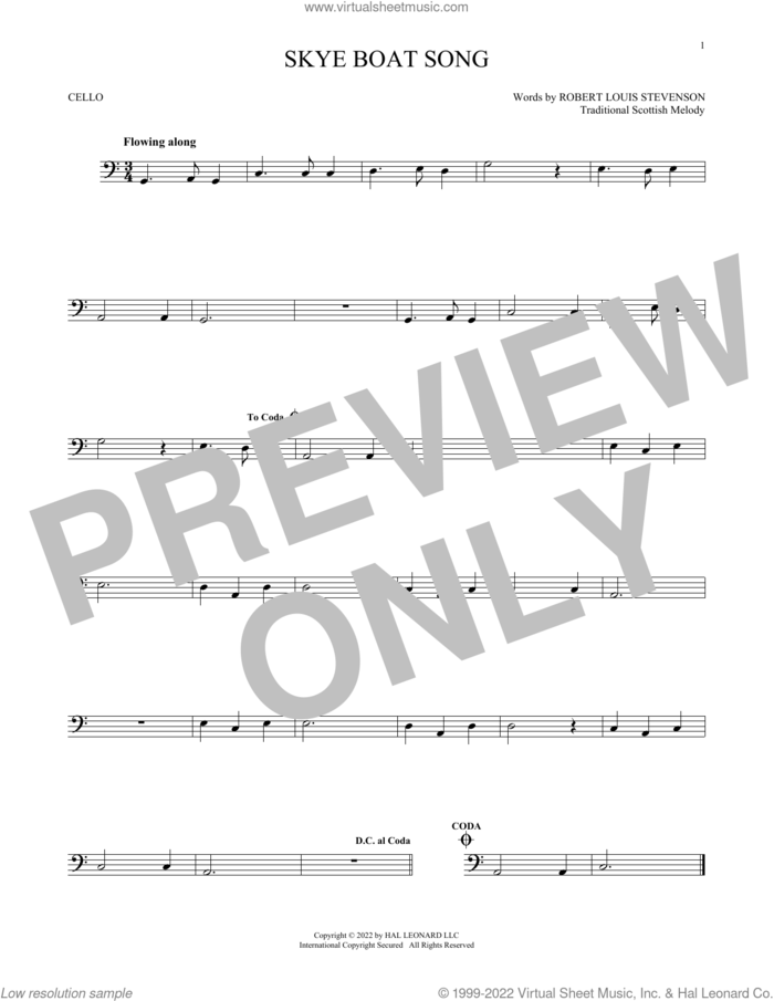 Skye Boat Song sheet music for cello solo by Robert Louis Stevenson and Miscellaneous, intermediate skill level