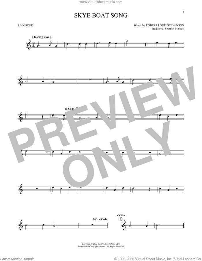Skye Boat Song sheet music for recorder solo by Robert Louis Stevenson and Miscellaneous, intermediate skill level