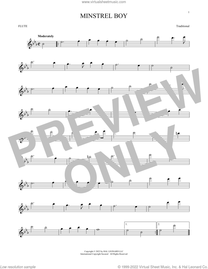 Minstrel Boy sheet music for flute solo, intermediate skill level