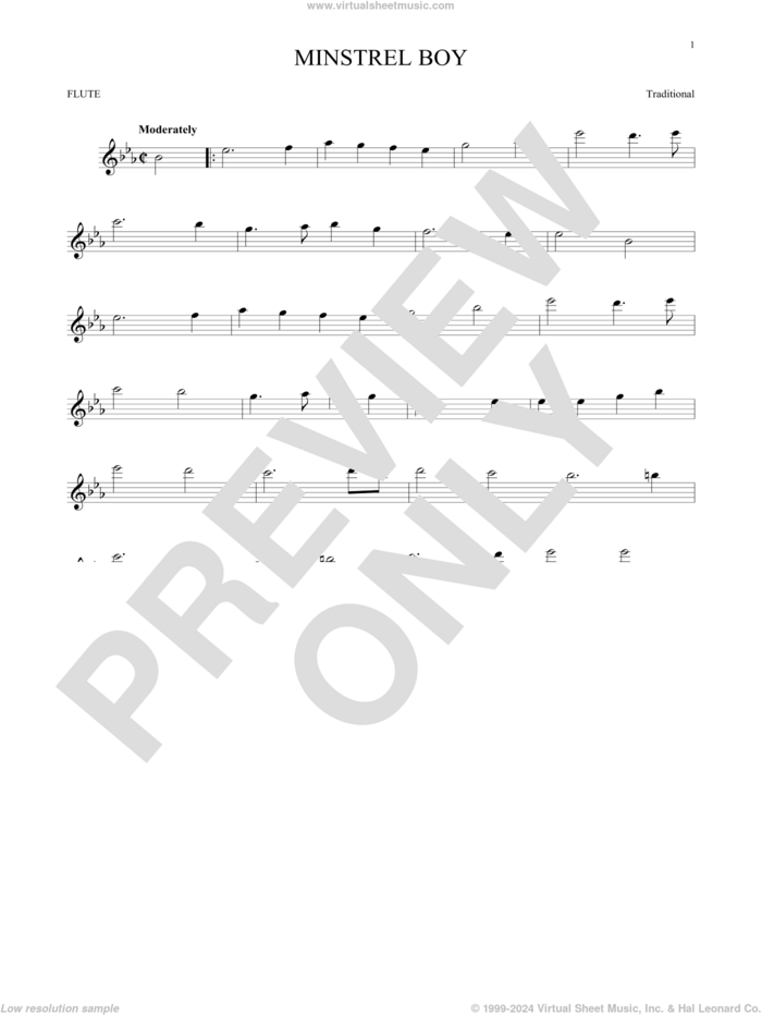 Minstrel Boy sheet music for flute solo, intermediate skill level