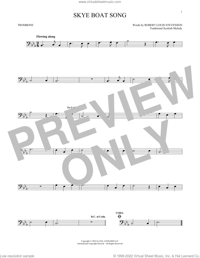 Skye Boat Song sheet music for trombone solo by Robert Louis Stevenson and Miscellaneous, intermediate skill level