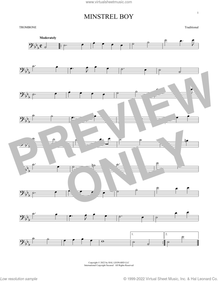 Minstrel Boy sheet music for trombone solo, intermediate skill level
