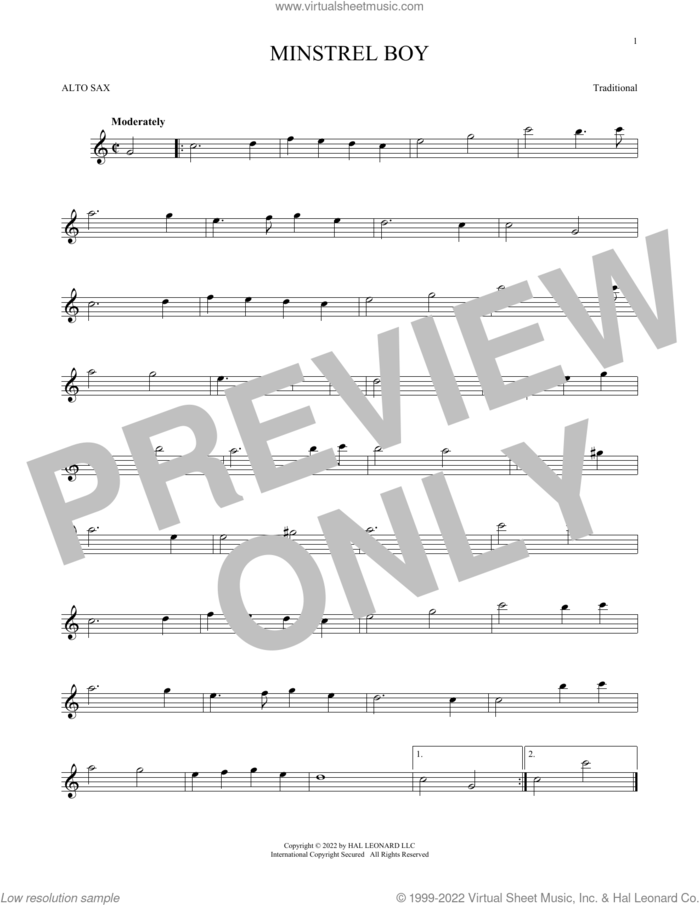 Minstrel Boy sheet music for alto saxophone solo, intermediate skill level