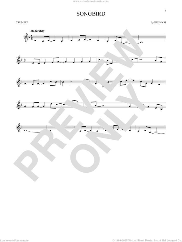 Songbird sheet music for trumpet solo by Kenny G, intermediate skill level