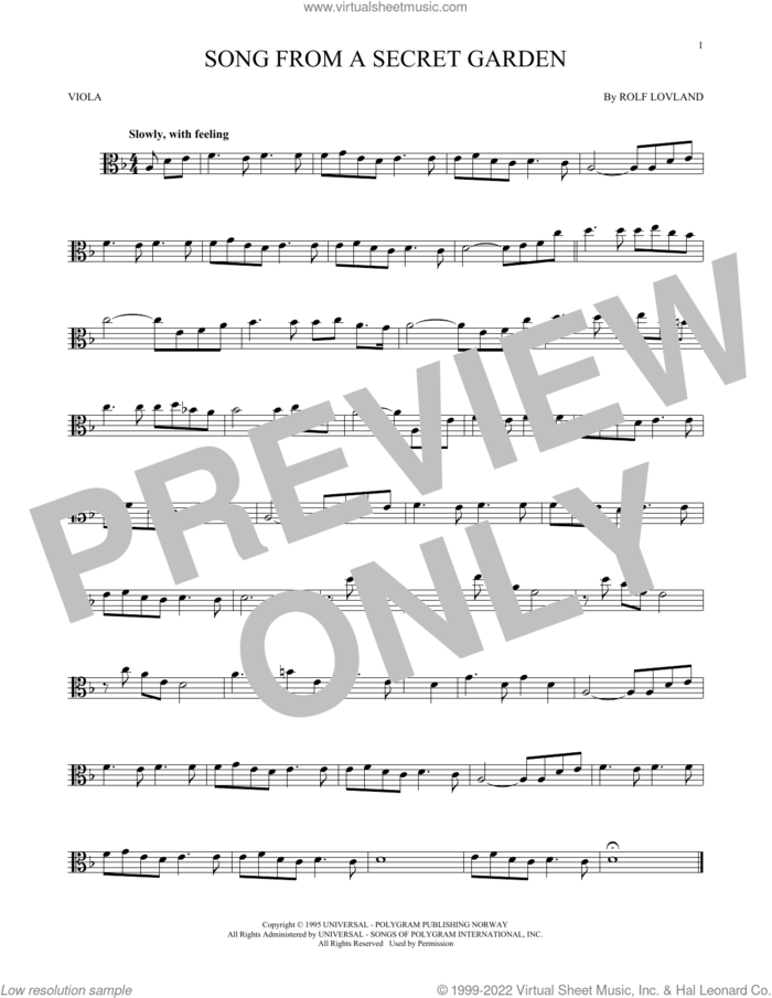 Song From A Secret Garden sheet music for viola solo by Secret Garden and Rolf Lovland, classical score, intermediate skill level
