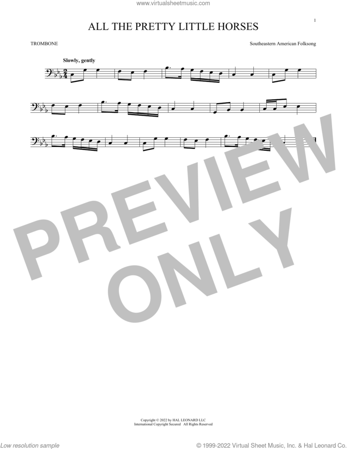 All The Pretty Little Horses sheet music for trombone solo by Southeastern American Folksong, intermediate skill level