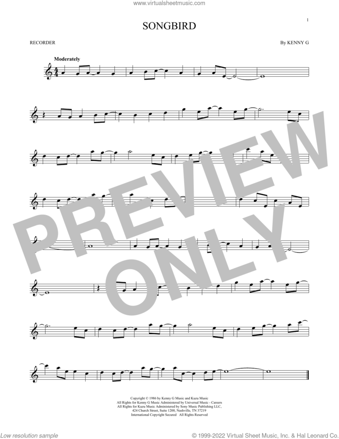 Songbird sheet music for recorder solo by Kenny G, intermediate skill level