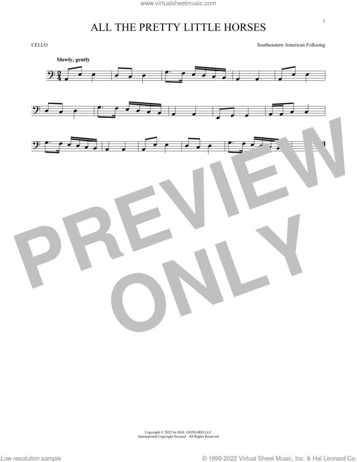 All The Pretty Little Horses sheet music for cello solo by Southeastern American Folksong, intermediate skill level