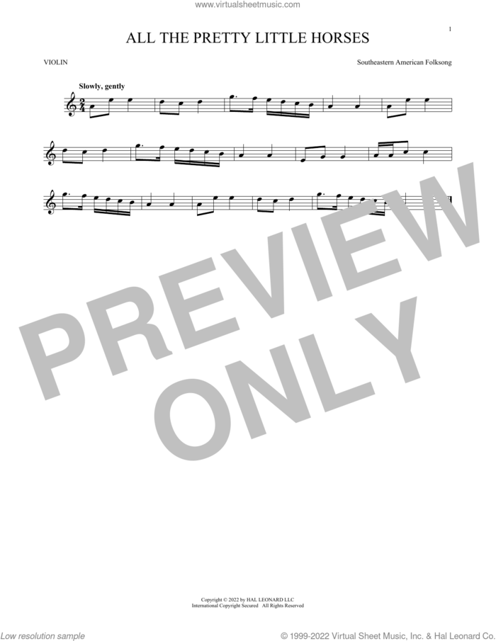 All The Pretty Little Horses sheet music for violin solo by Southeastern American Folksong, intermediate skill level