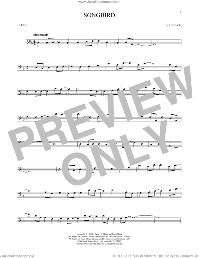 Songbird sheet music for cello solo by Kenny G, intermediate skill level