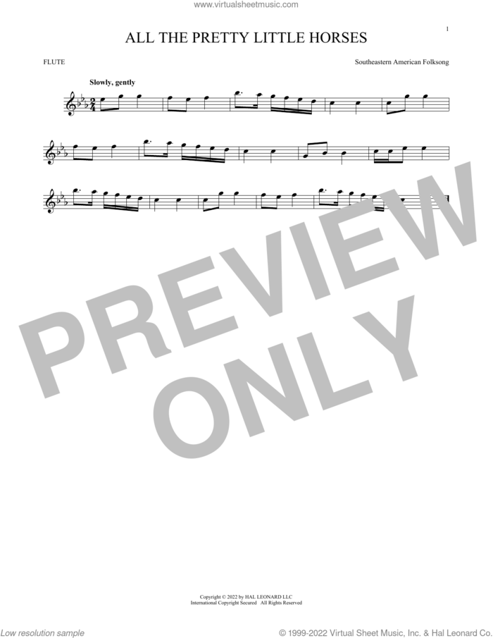 All The Pretty Little Horses sheet music for flute solo by Southeastern American Folksong, intermediate skill level