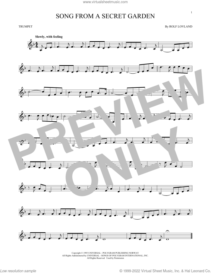 Song From A Secret Garden sheet music for trumpet solo by Secret Garden and Rolf Lovland, classical score, intermediate skill level