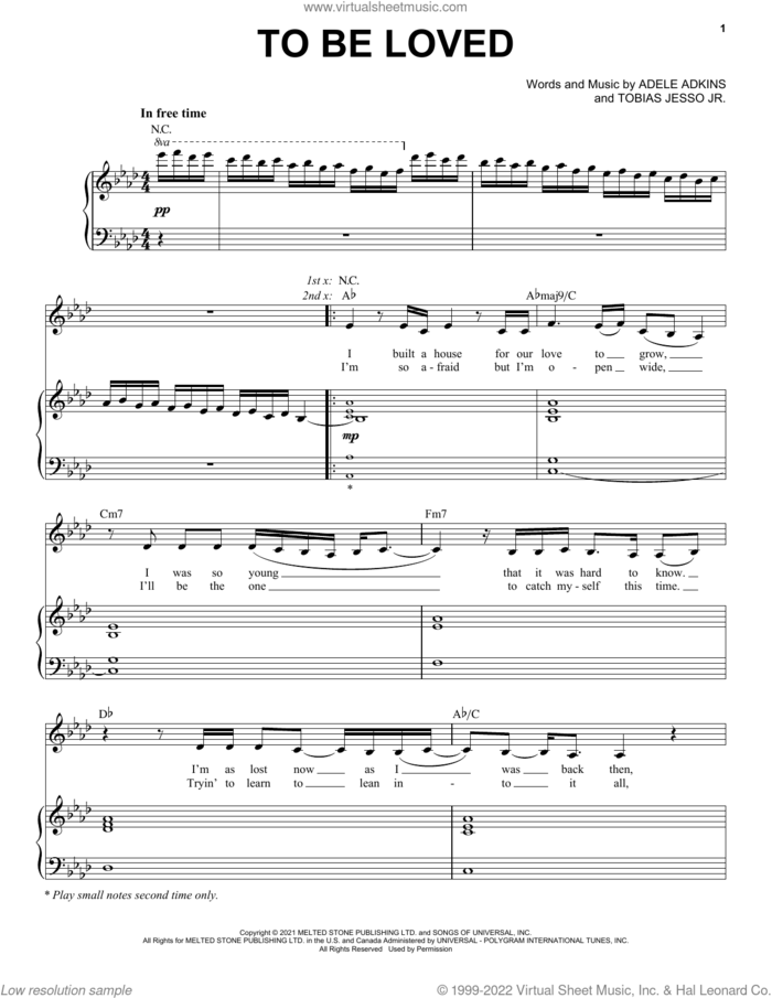 To Be Loved sheet music for voice and piano by Adele, Adele Adkins and Tobias Jesso Jr., intermediate skill level