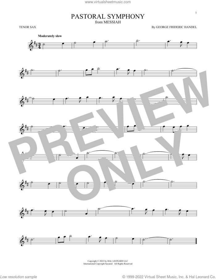 Pastoral Symphony sheet music for tenor saxophone solo by George Frideric Handel, classical score, intermediate skill level
