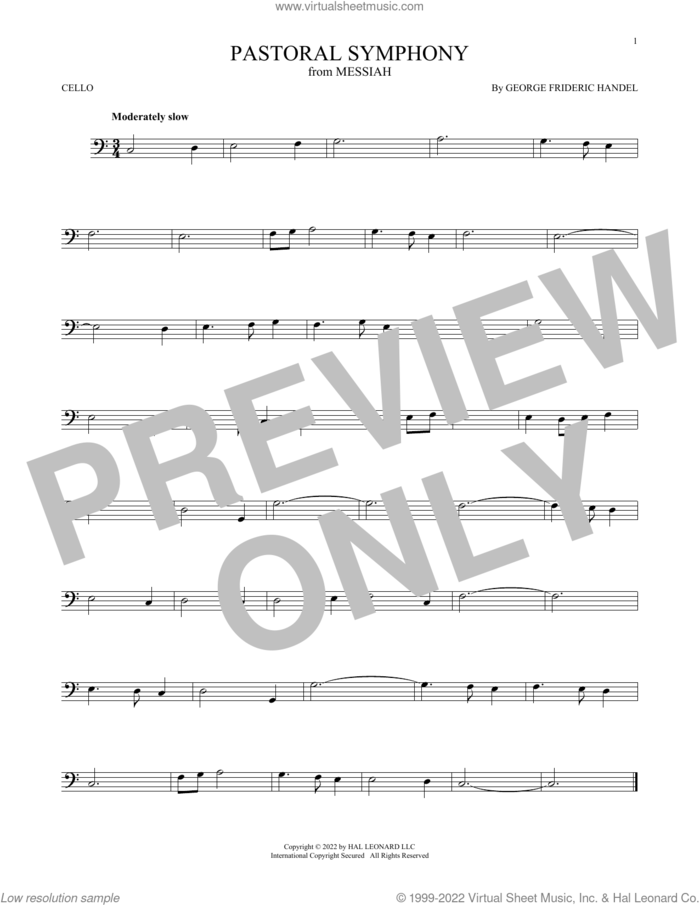 Pastoral Symphony sheet music for cello solo by George Frideric Handel, classical score, intermediate skill level